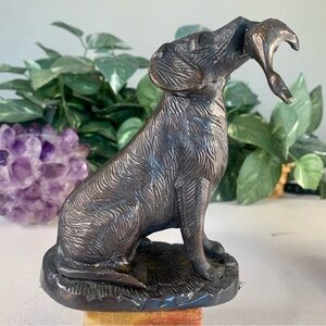 Vintage Hunting Dog w Duck Pheasant Bird Figurine Cast Bronze Brass Statue 5.6"